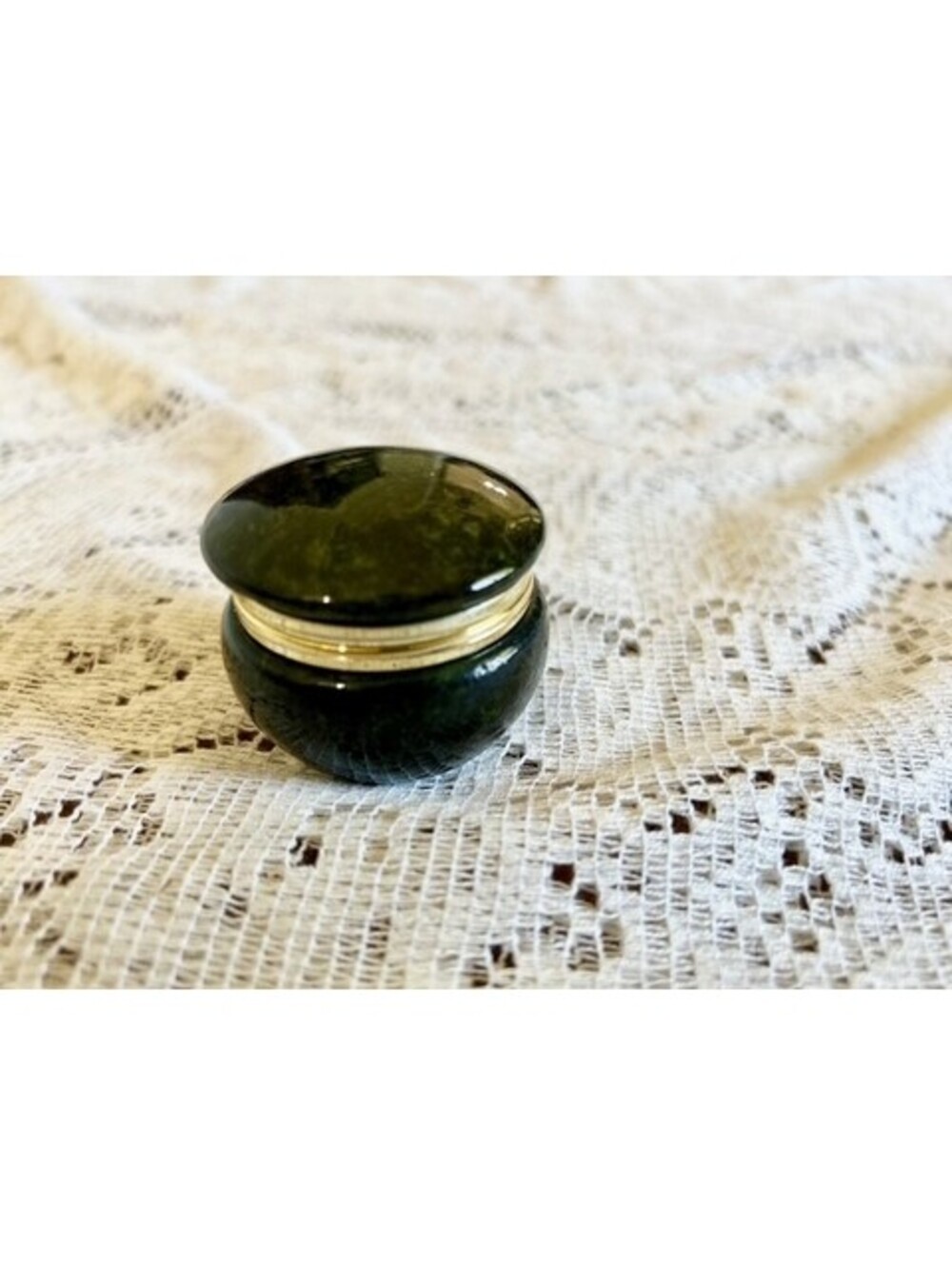 Small Round Green Stone Trinket Box with Gold Tone Trim